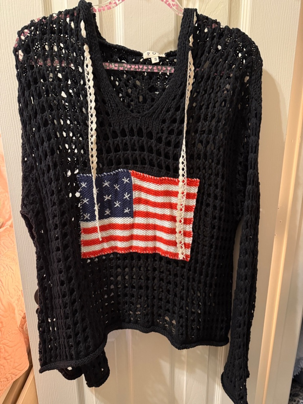 Black Open-Knit Hooded Sweater with American Flag Patch